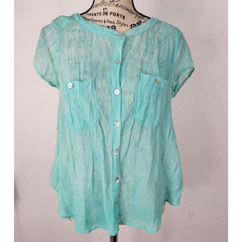 We The Free People SZ S Top Sheer Button Up Blouse Pockets Green Short Sleeves